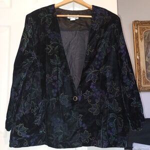 80s 90s Jeri Marque Whimsigoth Velvet Floral Blazer‎ Jacket 3X 4X Shoulder Pad